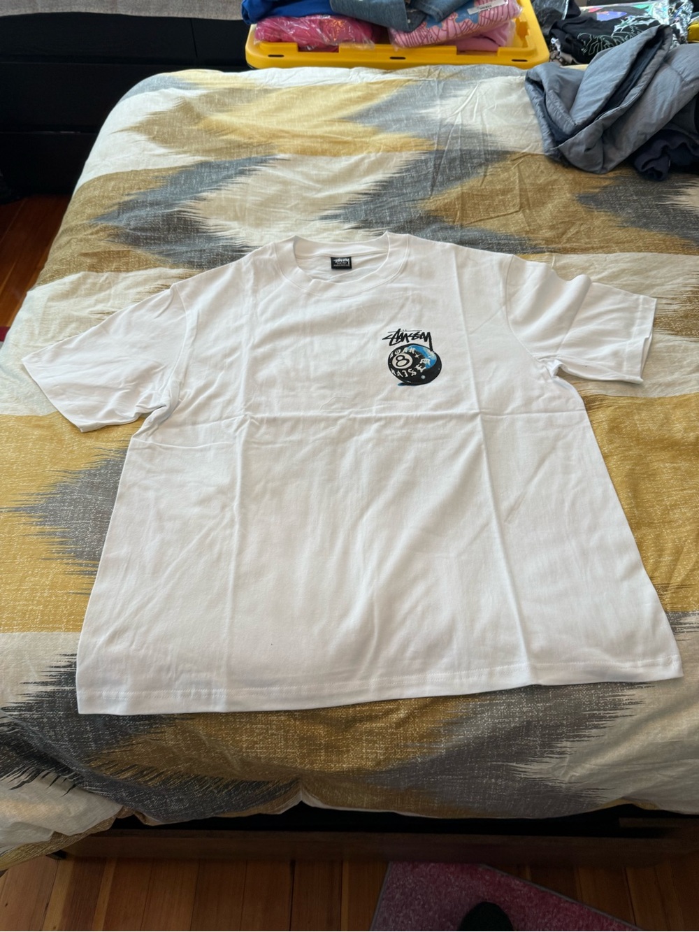 Stussy White Short Sleeve Tee with Blue & Black Logo Size XL